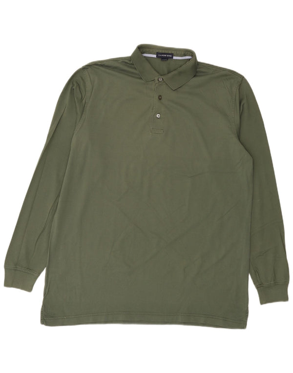 Lands End Mens Long Sleeve Polo Shirt Large Green Cotton