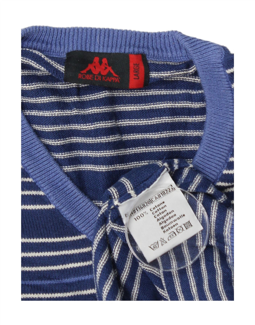 Kappa Mens V-Neck Jumper Sweater Large Navy Blue Striped Cotton