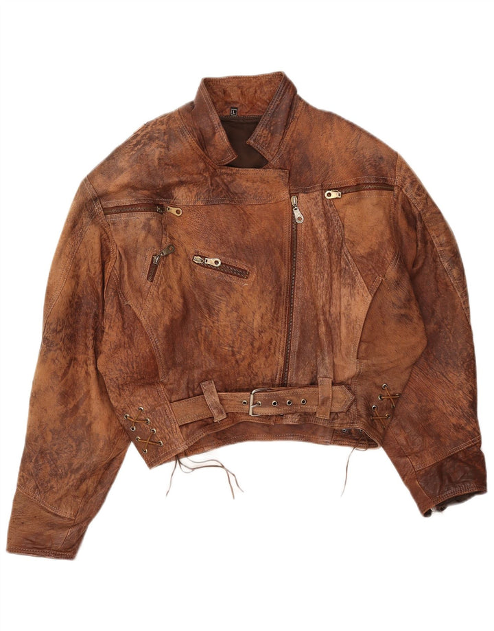 Vintage Womens Crop Leather Jacket UK 16 Large Brown