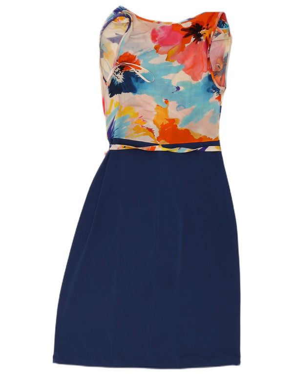 Vintage Womens Sleeveless Sheath Dress UK 10 Small Navy Blue Floral Viscose