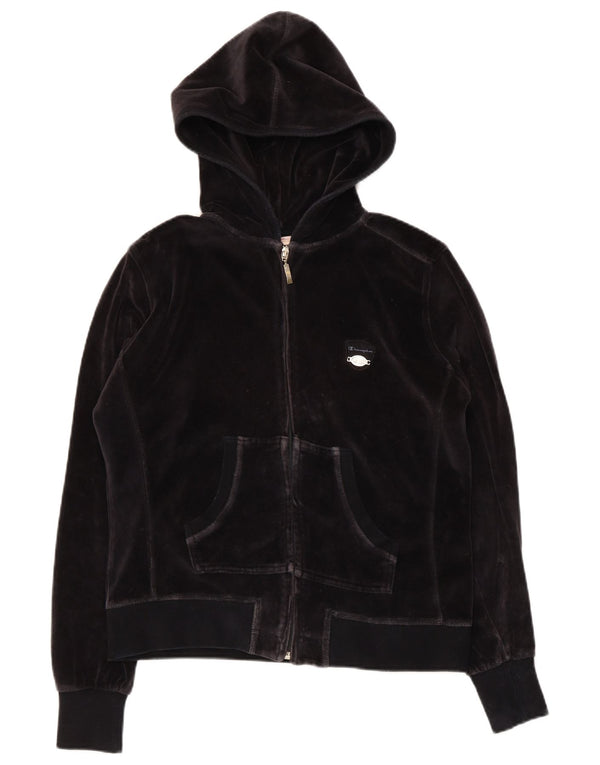 Champion Womens Velour Zip Hoodie Sweater UK 16 Large Black Cotton