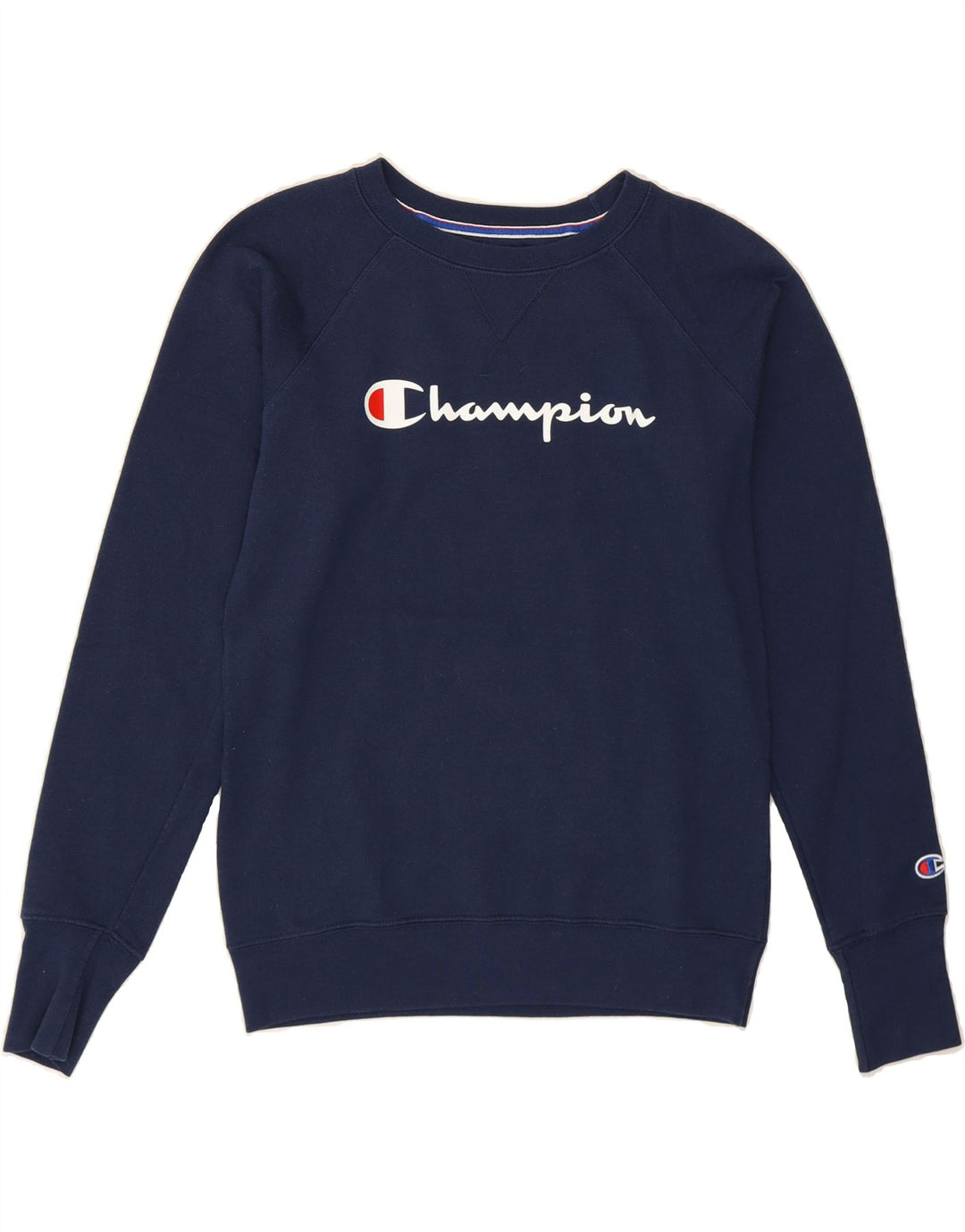 CHAMPION Womens Graphic Sweatshirt Jumper UK 10 Small Navy Blue Polyester Vintage Champion and Second-Hand Champion from Messina Hembry 