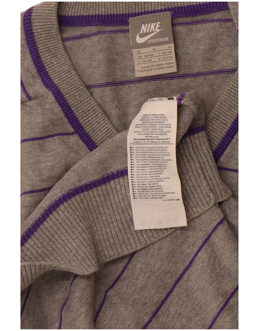 NIKE Mens V-Neck Jumper Sweater UK 38/40 Medium Grey Striped Cotton