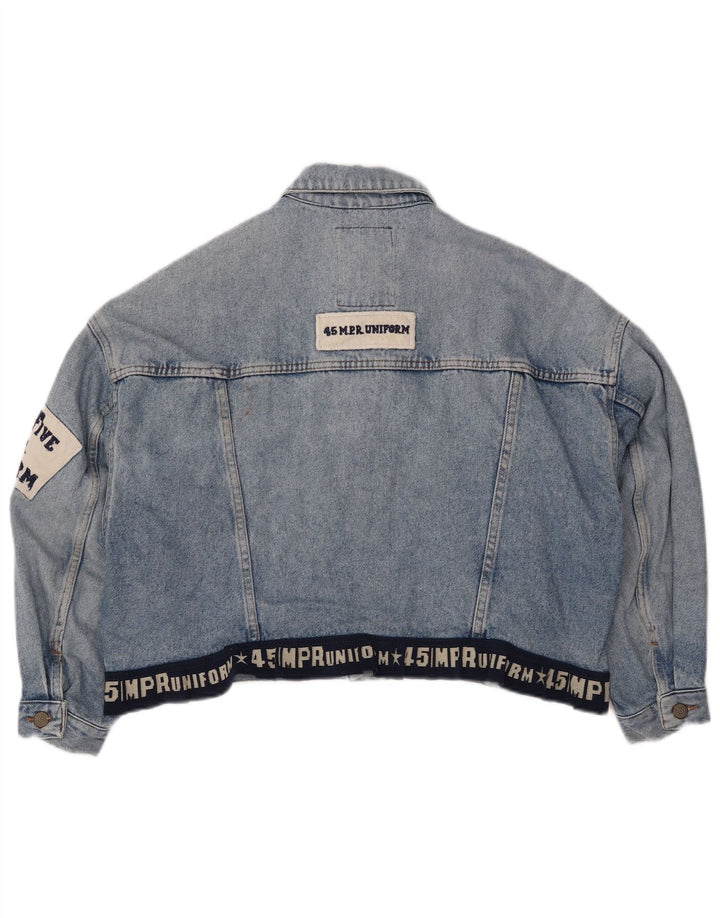 UNIFORM Womens Crop Graphic Denim Jacket UK 14 Large Blue