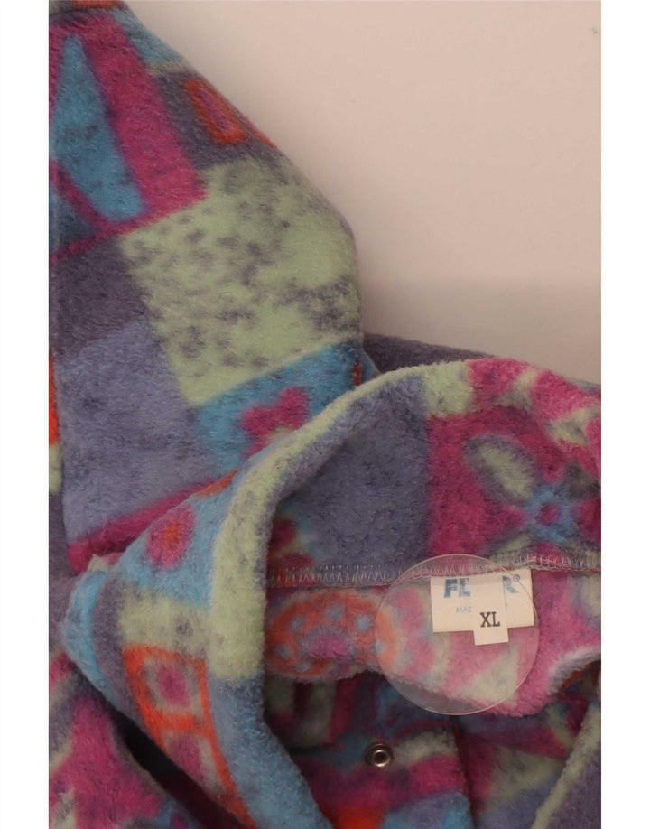 Vintage Mens Button Neck Fleece Jumper XL Multicoloured Geometric Polyester