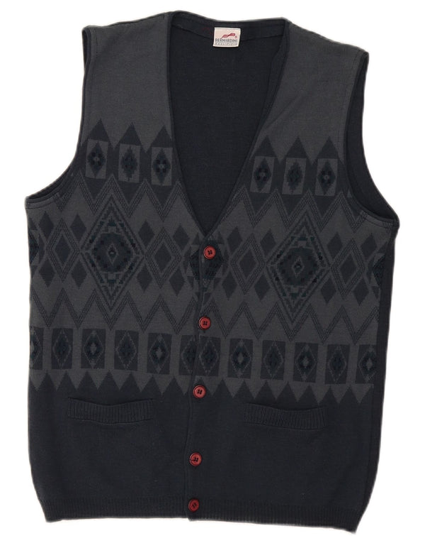 Bernardini Mens Sleeveless Cardigan Sweater Small Navy Blue Geometric Wool