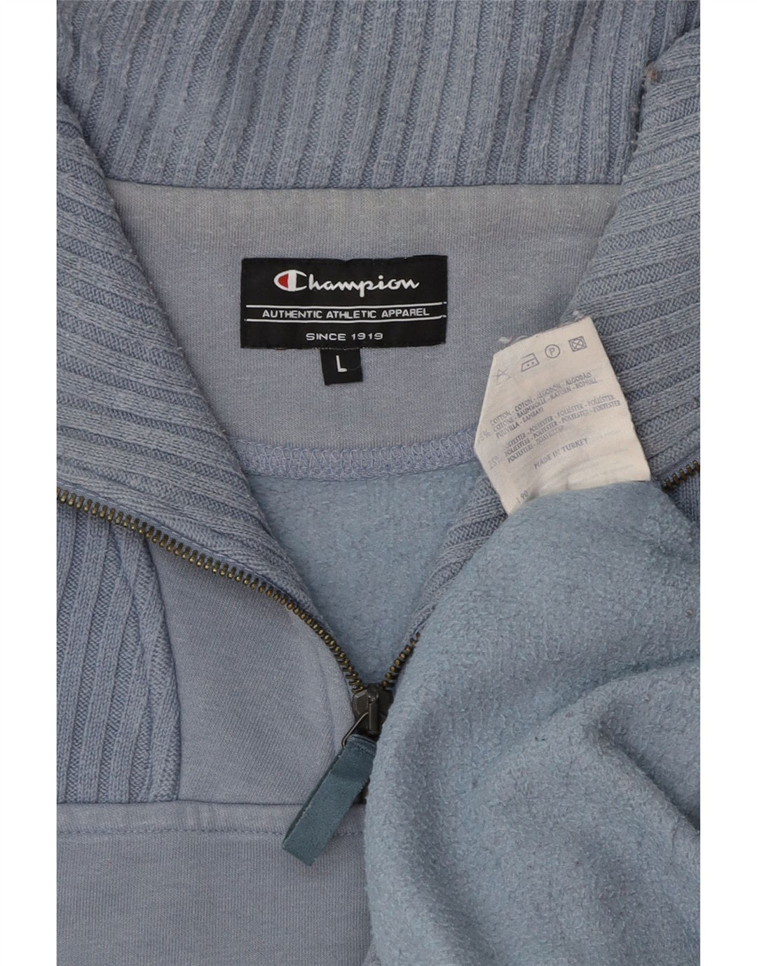 CHAMPION Mens Zip Neck Sweatshirt Jumper Large Blue Cotton
