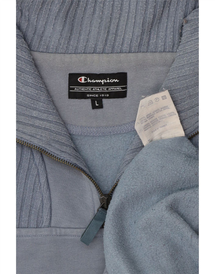 CHAMPION Mens Zip Neck Sweatshirt Jumper Large Blue Cotton