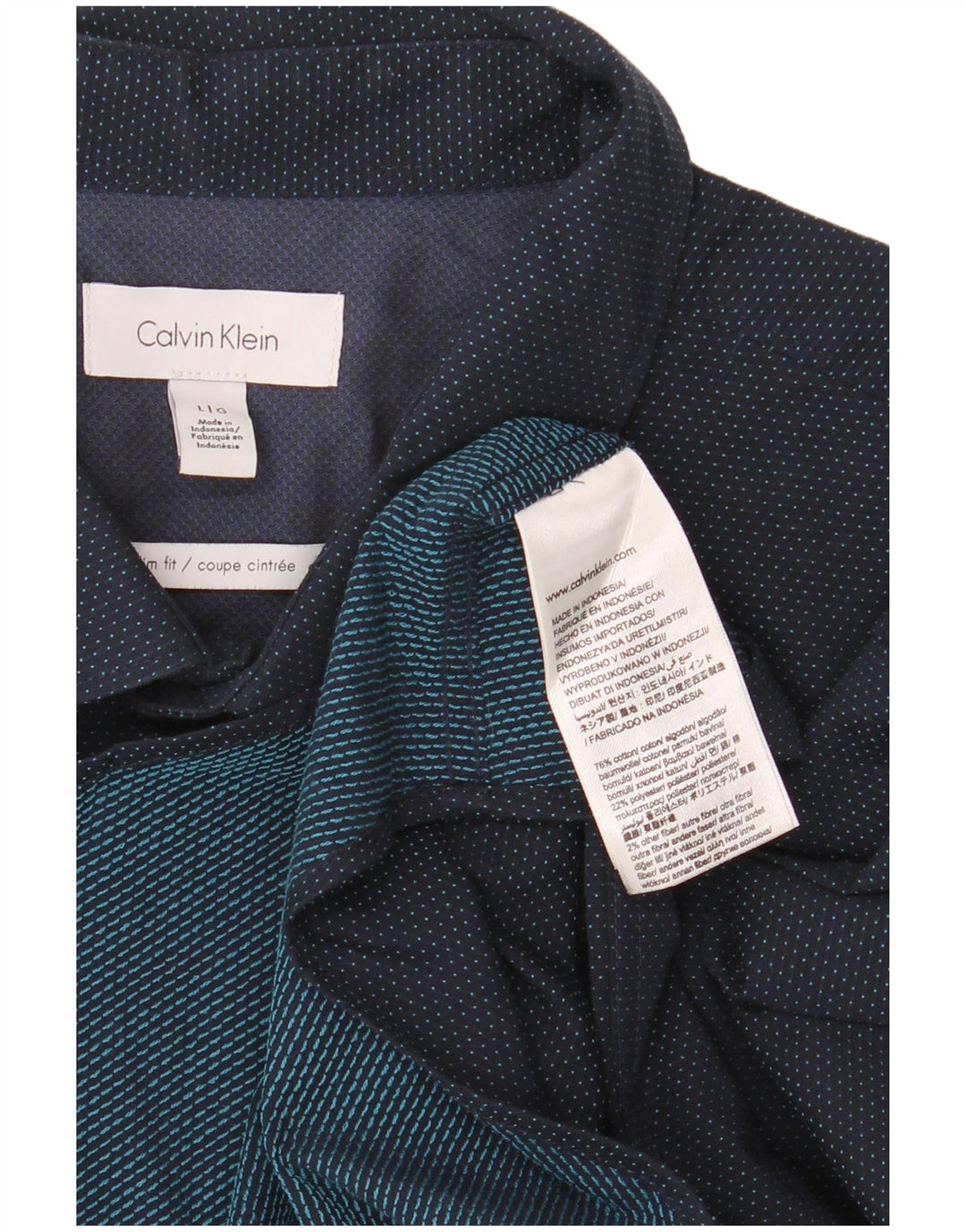 CALVIN KLEIN Mens Slim Fit Shirt Large Navy Blue Spotted Cotton