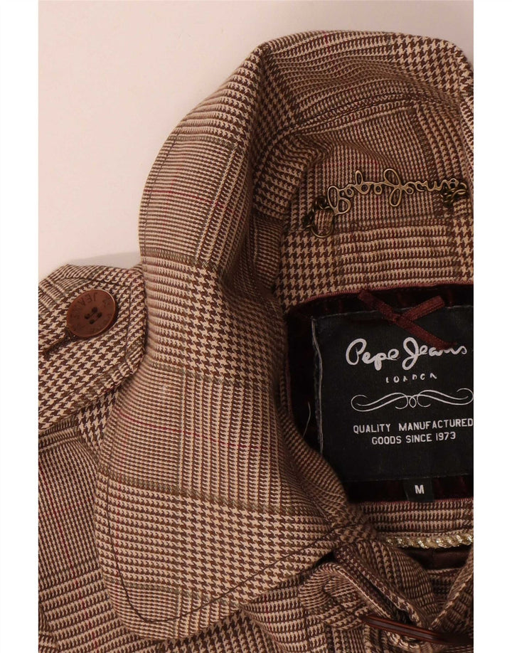 PEPE Jeans Womens Belted Pea Coat UK 14 Medium Brown Houndstooth Cotton