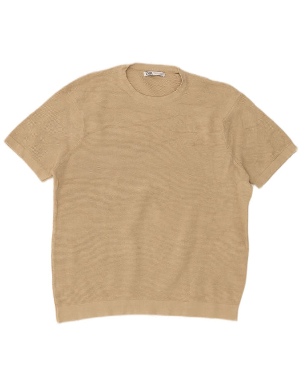 Zara Womens Short Sleeve Crew Neck Jumper Sweater UK 10 Small Beige Cotton