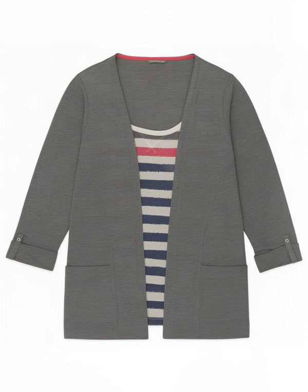 Marks & Spencer Womens Top 3/4 Sleeve UK 14 Medium Grey Striped Polyester
