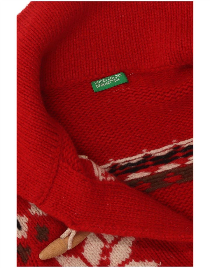 BENETTON Womens Crop Cardigan Sweater UK 10 Small Red Fair Isle
