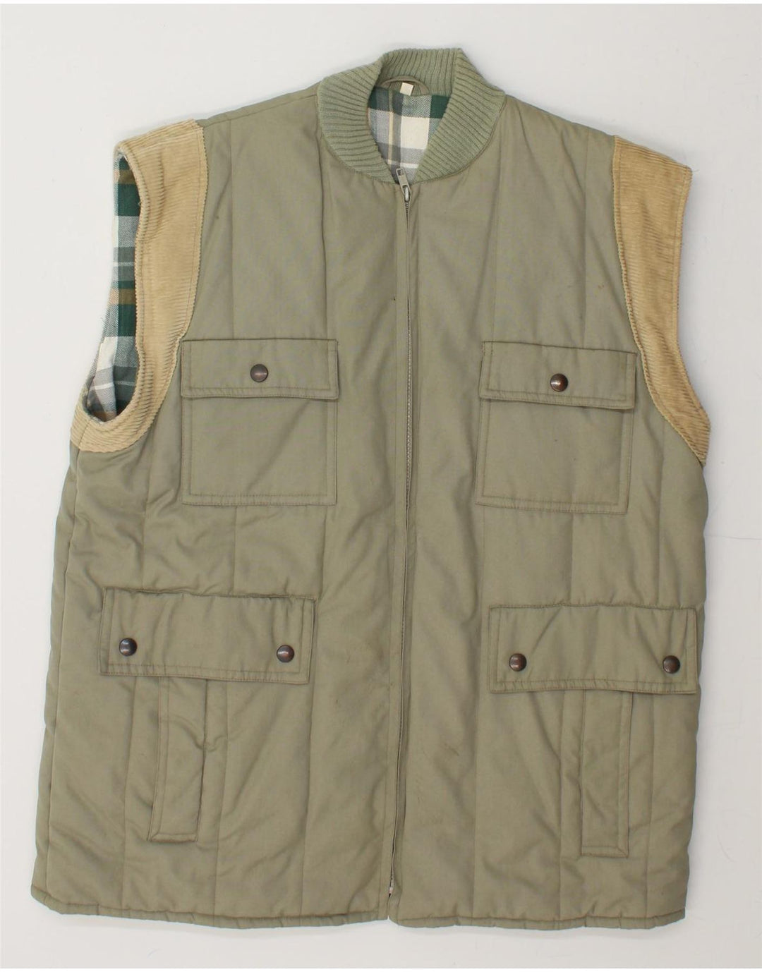 VINTAGE Mens Padded Utility Gilet UK 38 Medium Khaki Polyester Vintage Vintage and Second-Hand Vintage from Messina Hembry 