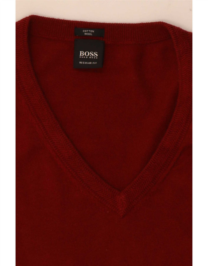 Hugo Boss Mens Regular Fit V-Neck Jumper Sweater Medium Red Colourblock