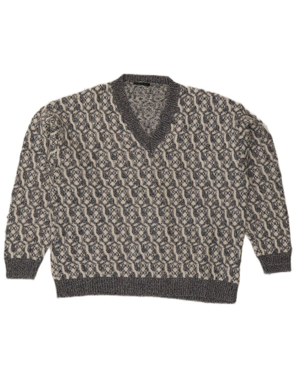 Vintage Mens V-Neck Jumper Sweater Large Grey Geometric Wool
