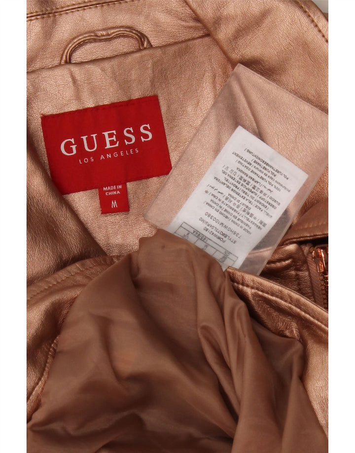 GUESS Womens Crop Faux Leather Biker Jacket UK 12 Medium Gold Polyurethane