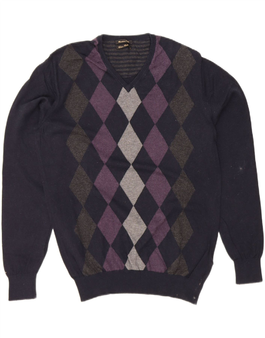MASSIMO DUTTI Mens V-Neck Jumper Sweater Medium Navy Blue Argyle/Diamond Vintage Massimo Dutti and Second-Hand Massimo Dutti from Messina Hembry 
