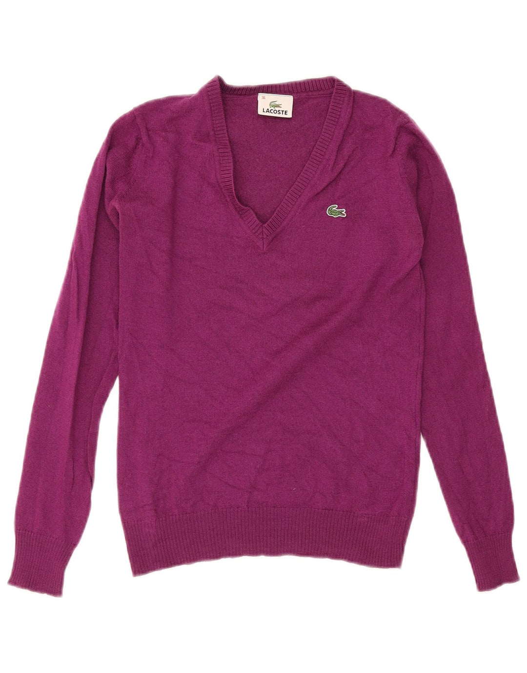 Lacoste Womens V-Neck Jumper Sweater Size 36 Small Purple Wool