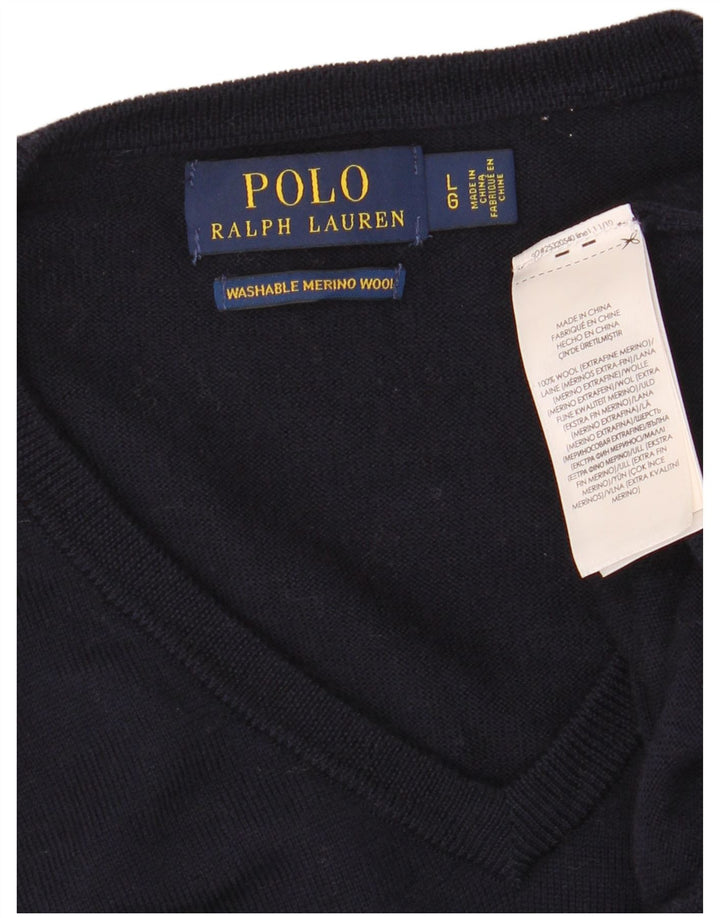Polo Ralph Lauren Mens V-Neck Jumper Sweater Large Navy Blue Merino Wool