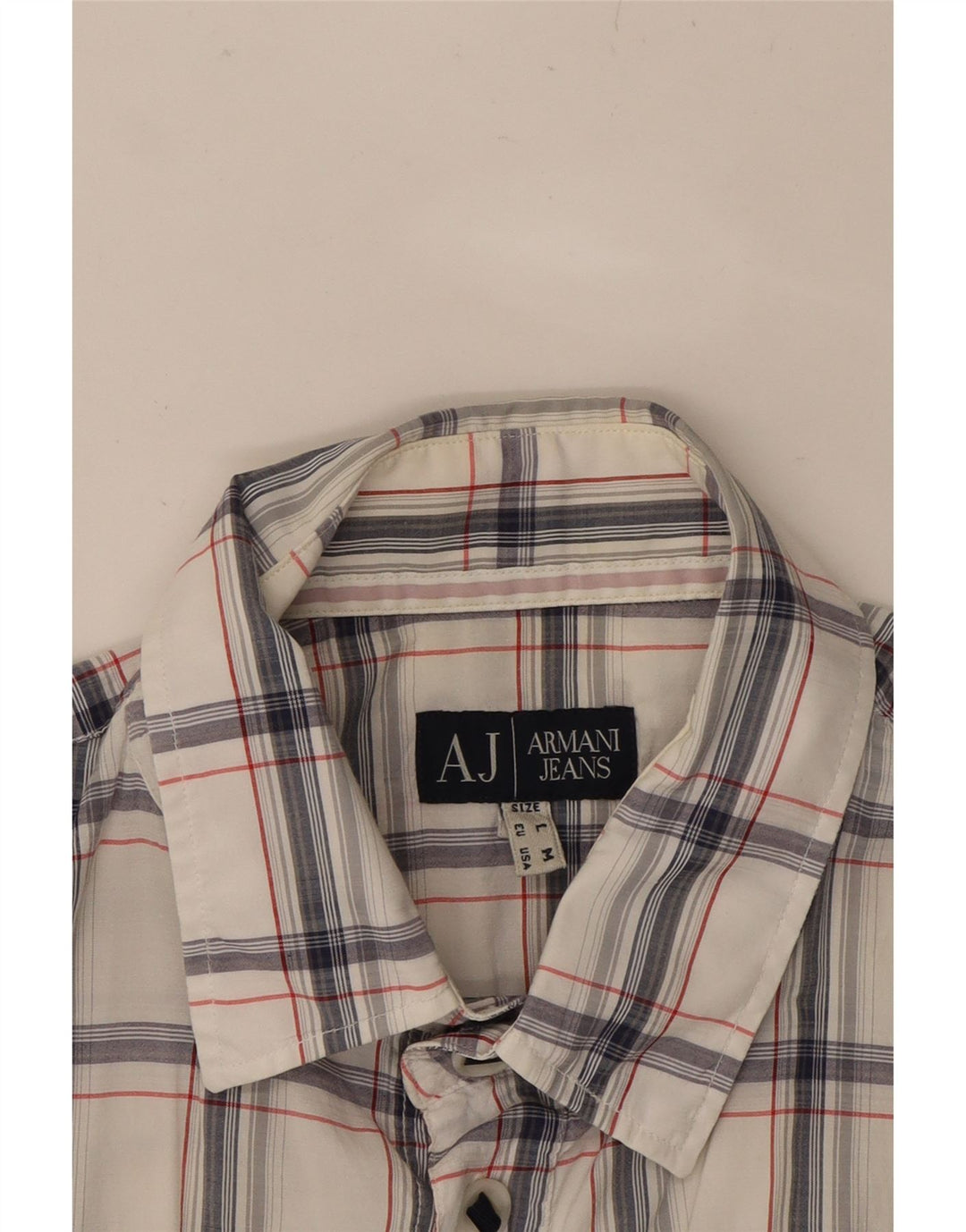 ARMANI JEANS Mens Short Sleeve Shirt Medium White Check Polyester Vintage Armani Jeans and Second-Hand Armani Jeans from Messina Hembry 