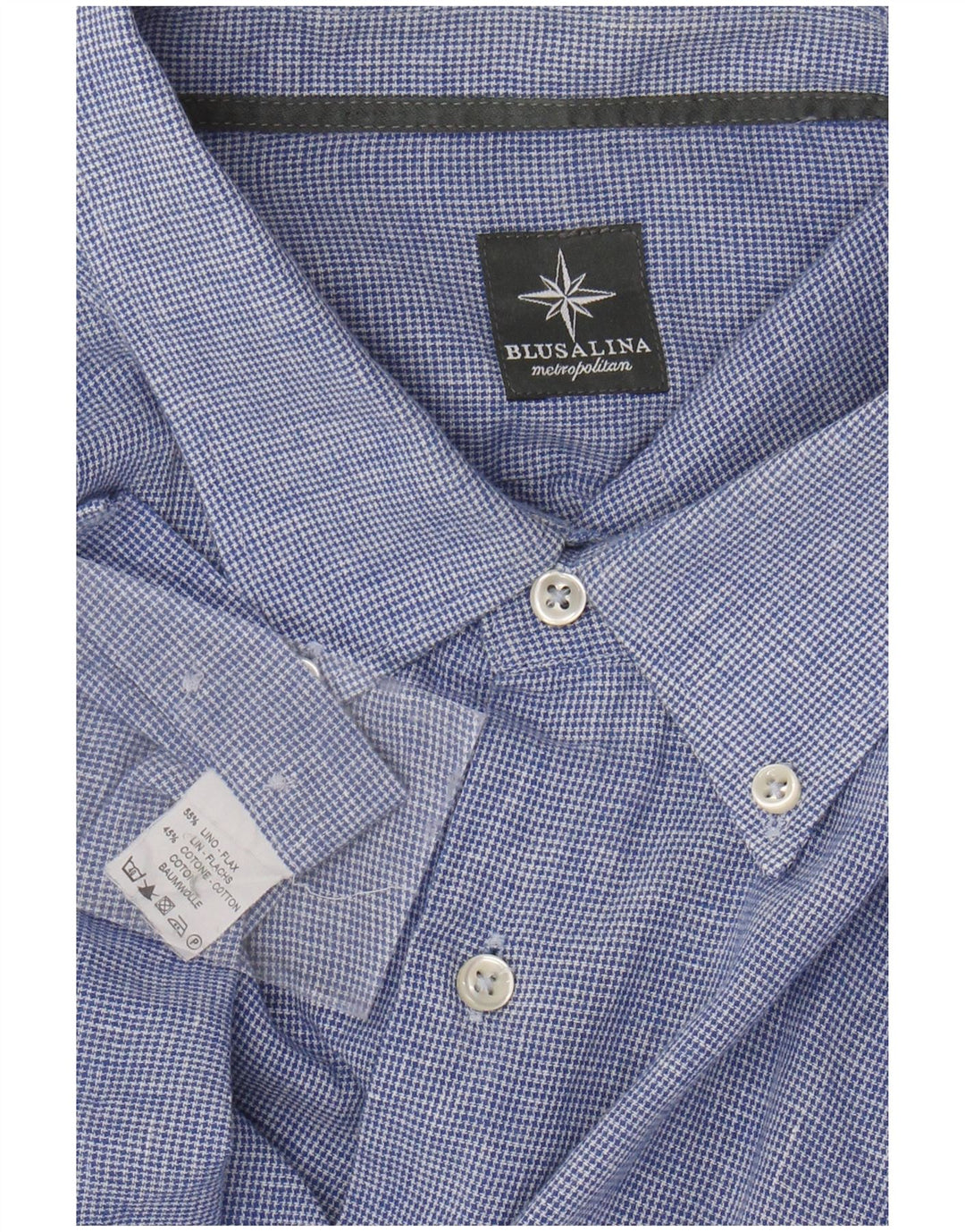 VINTAGE Mens Regular Fit Shirt 3XL Blue Houndstooth Linen