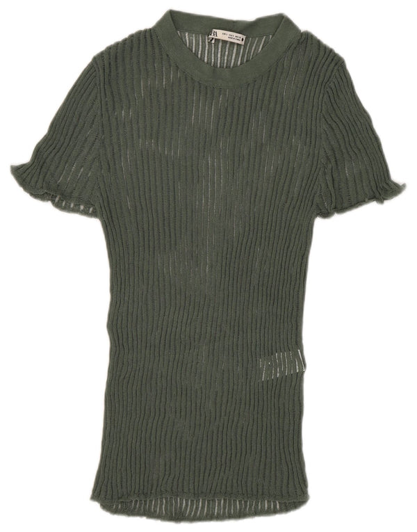 Zara Womens Knit Blouse Top UK 8 Small Green Viscose