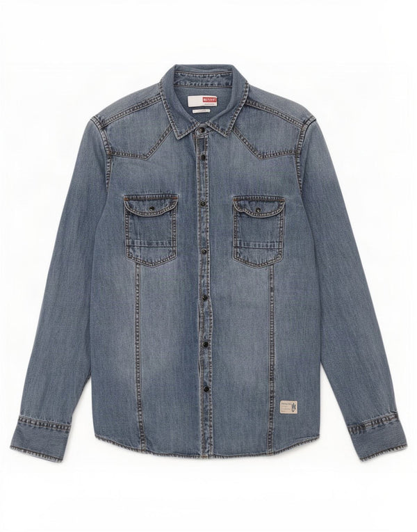 Mustang Mens Slim Fit Denim Shirt Medium Blue Cotton
