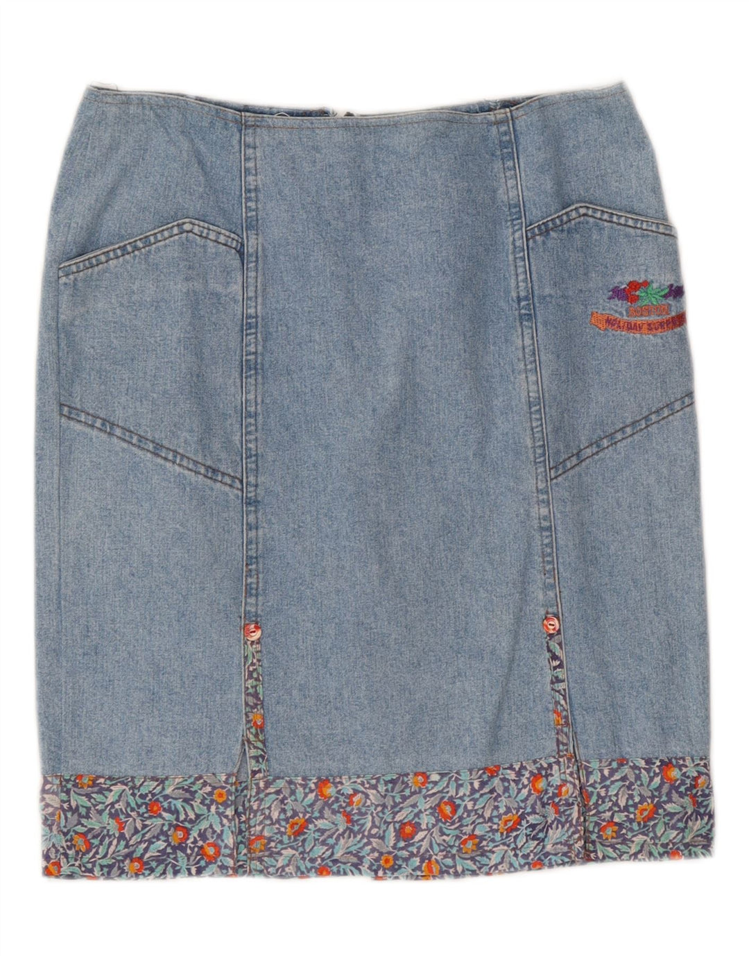 BOSTON Womens Denim Skirt W30 Medium  Blue Floral Vintage Boston and Second-Hand Boston from Messina Hembry 