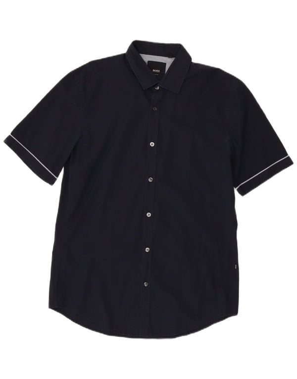 HUGO BOSS Mens Short Sleeve Slim Fit Shirt Medium Navy Blue Cotton