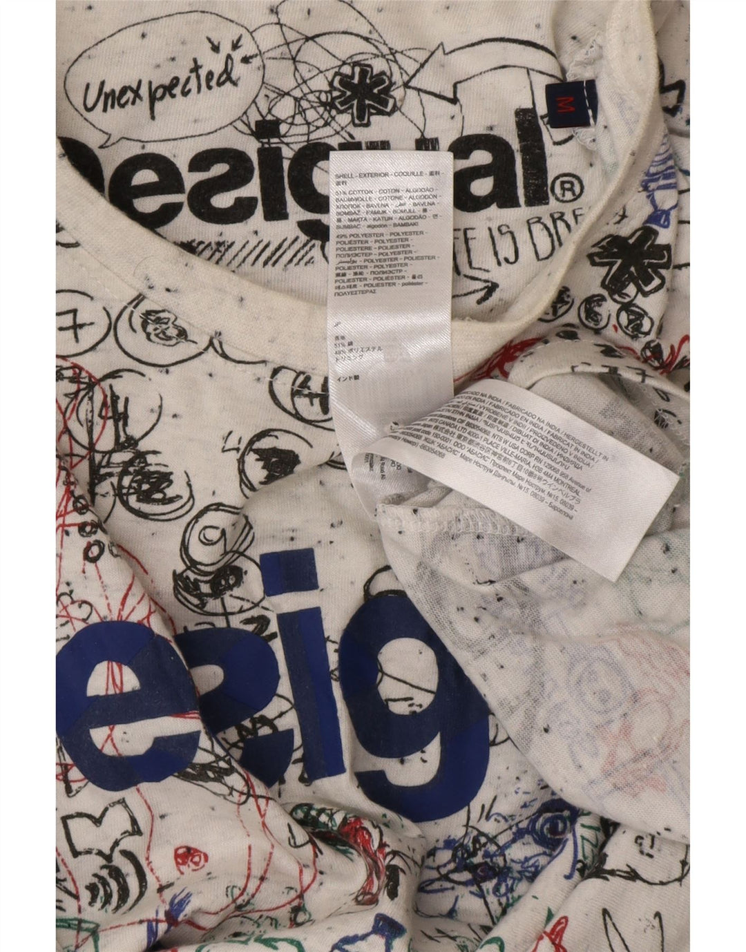 DESIGUAL Mens Abstract Pattern Graphic T-Shirt Top Medium White Cotton