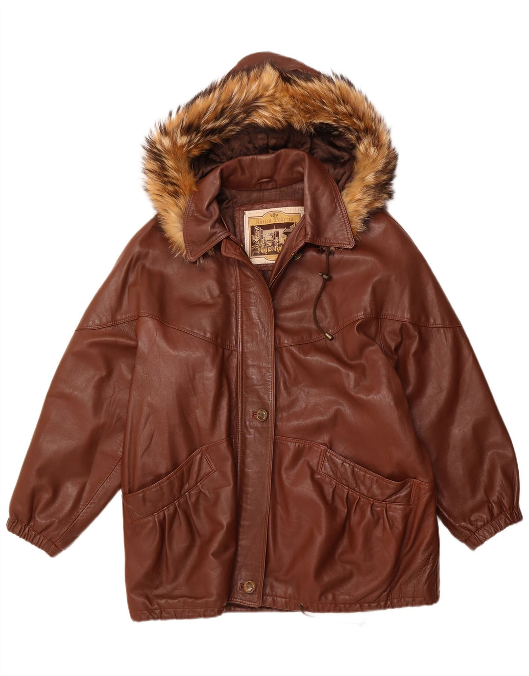 ANTICA PELLERIA Womens Oversized Hooded Jacket IT 44 Medium Brown Leather