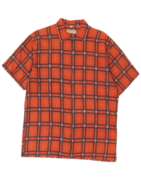 John F Gee Mens Short Sleeve Shirt Size 39/40 Medium Orange Check Cotton