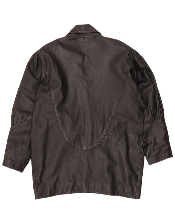 VINTAGE Womens Oversized Leather Coat UK 14 Medium Black Leather