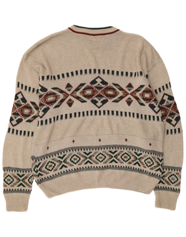 VINTAGE Mens Crew Neck Jumper Sweater Medium Beige Fair Isle