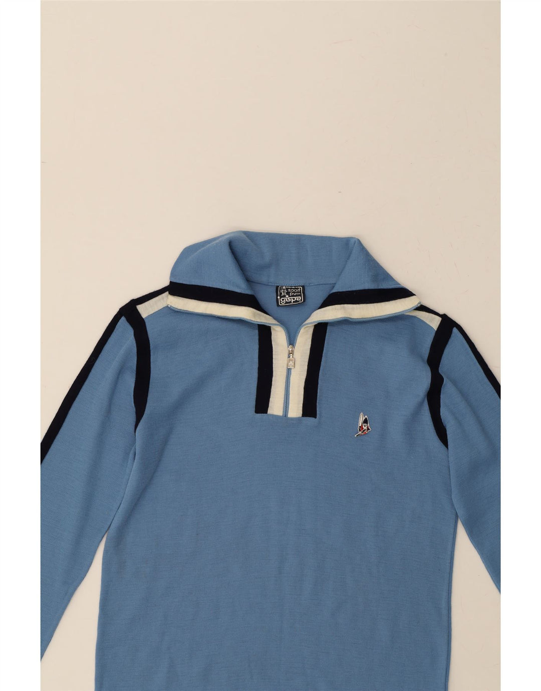GISPA Mens Zip Neck Jumper Sweater IT 50 Medium Blue Colourblock Wool Vintage Gispa and Second-Hand Gispa from Messina Hembry 