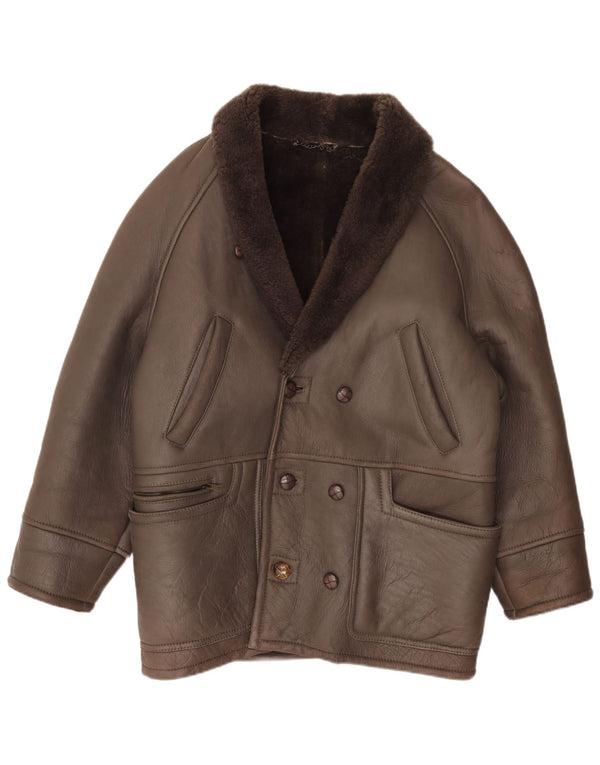 Vintage Mens Double Breasted Shearling Jacket IT 50 Large Brown Leather