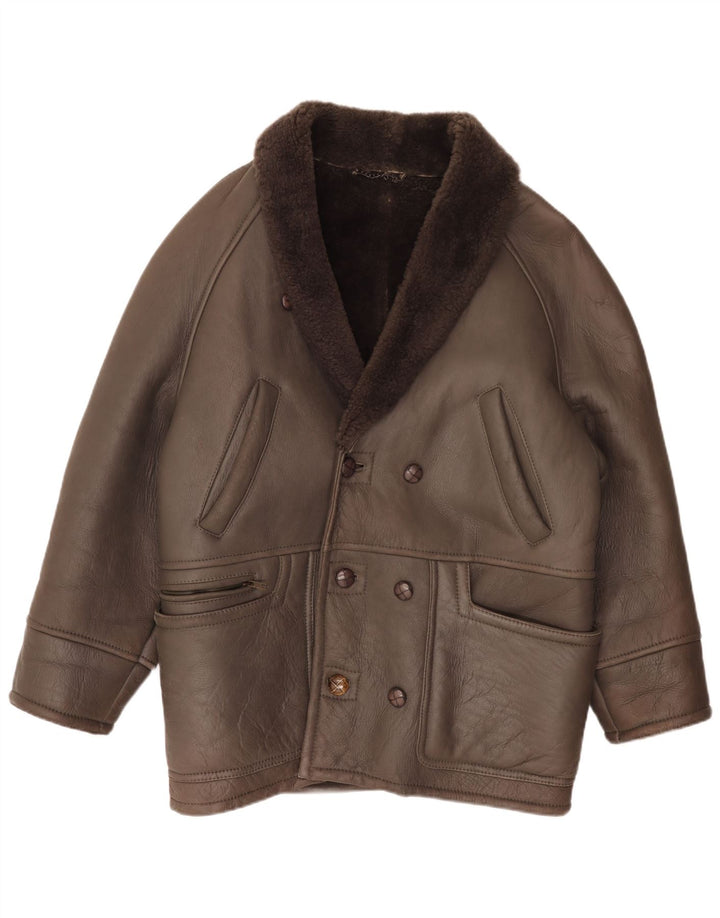 Vintage Mens Double Breasted Shearling Jacket IT 50 Large Brown Leather