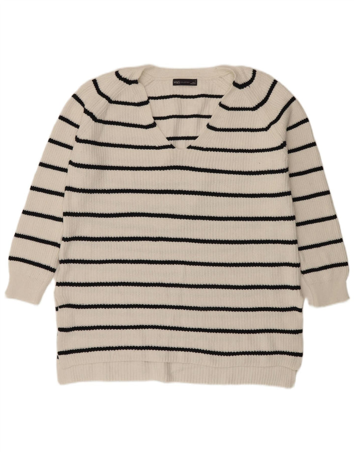 Marks & Spencer Womens V-Neck Jumper Sweater UK 14 Medium White Striped