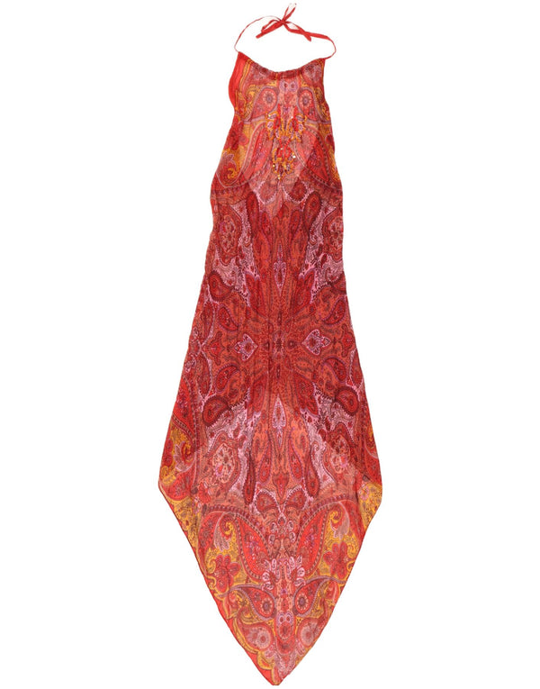 Vintage Womens Halter Asymmetrical Dress UK 8 Small Red Paisley Silk