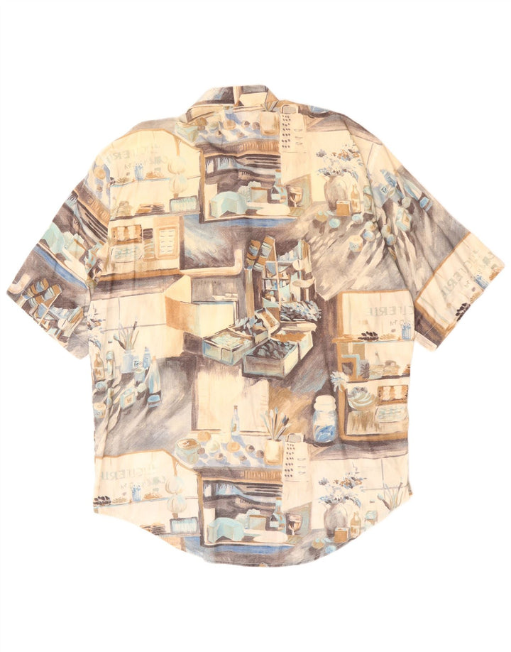 Benetton Mens Graphic Short Sleeve Shirt XL Beige Patchwork Cotton