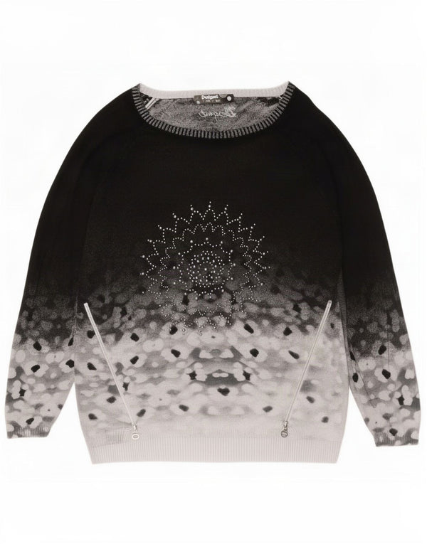 Desigual Womens Graphic Boat Neck Jumper Sweater UK 16 Large Black Floral