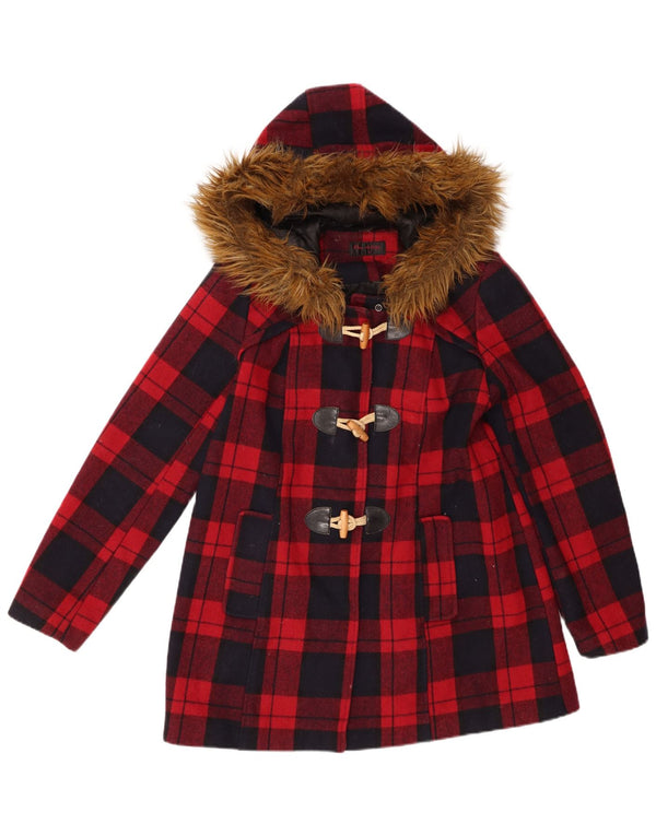 Miss Selfridge Womens Hooded Duffle Jacket UK 10 Small Red Check Wool