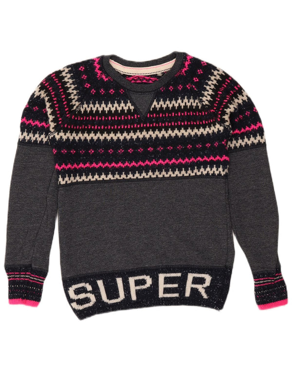 SUPERDRY Womens Crew Neck Jumper Sweater UK 6 XS Navy Blue Fair Isle