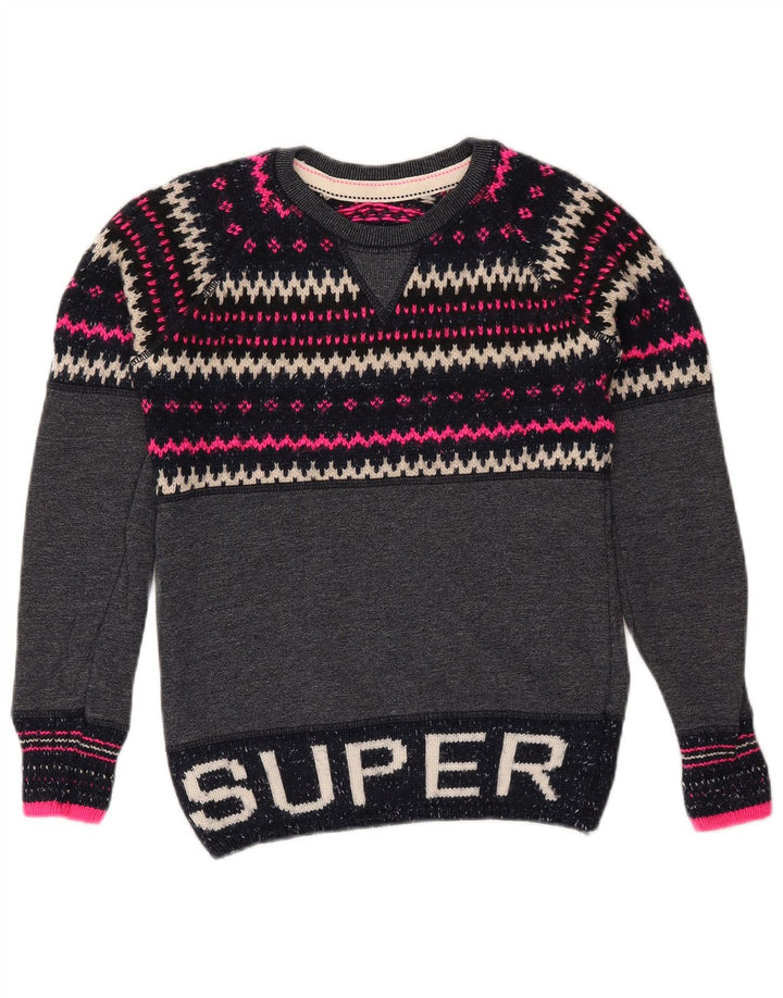 SUPERDRY Womens Crew Neck Jumper Sweater UK 6 XS Navy Blue Fair Isle