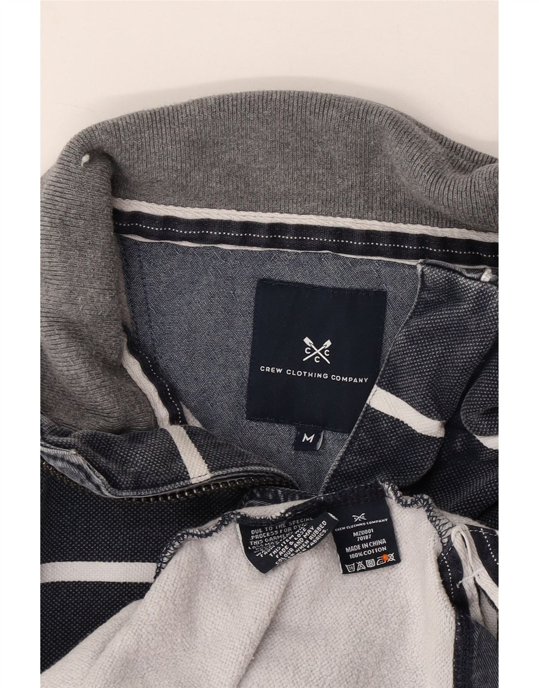 CREW CLOTHING Mens Zip Neck Sweatshirt Jumper Medium Navy Blue Striped