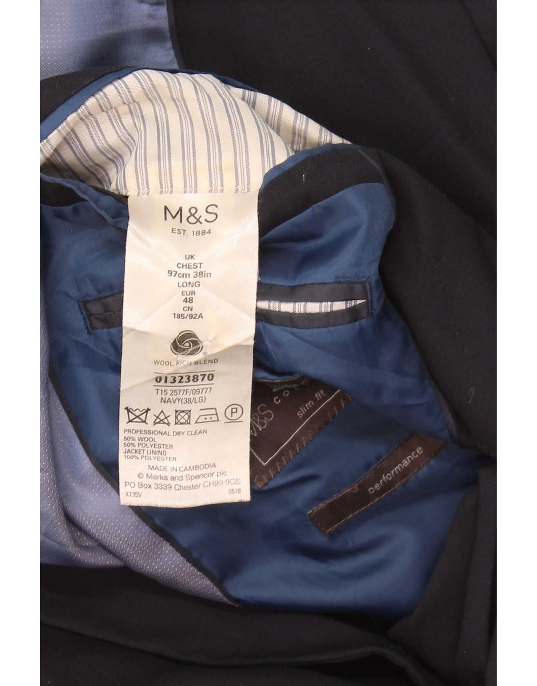 Marks & Spencer Mens 2 Button Blazer Jacket UK 38 Medium Navy Blue Wool