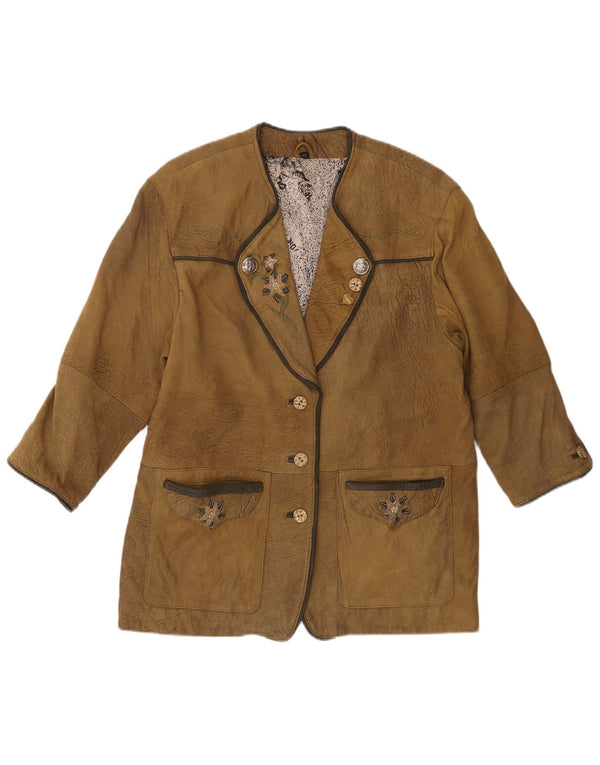 VINTAGE Womens 3/4 Sleeve Leather Blazer Jacket EU 44 XL Khaki
