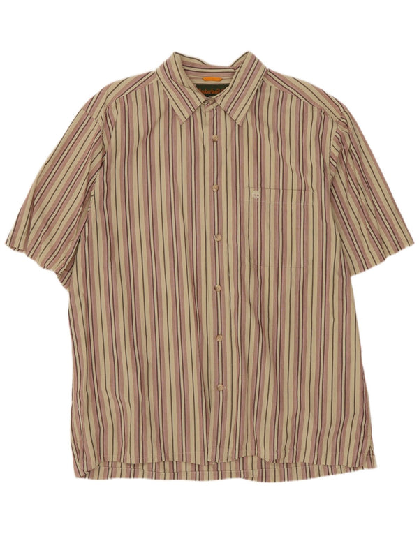 TIMBERLAND Mens Short Sleeve Shirt Large Beige Striped Cotton