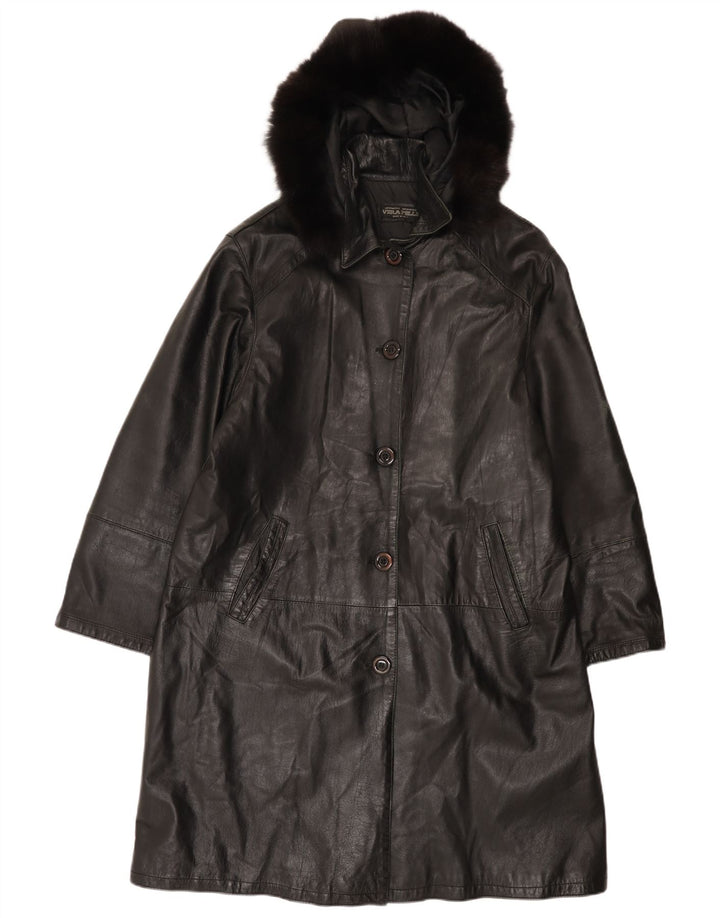Vintage Womens Hooded Leather Coat IT 48 XL Black